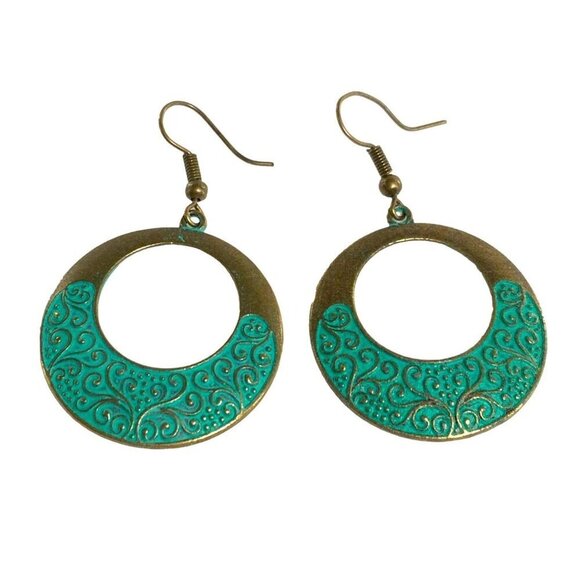 Vintage Style Brass & Turquoise Open Circle Dangle Earrings With Intricate Desig - Picture 1 of 4